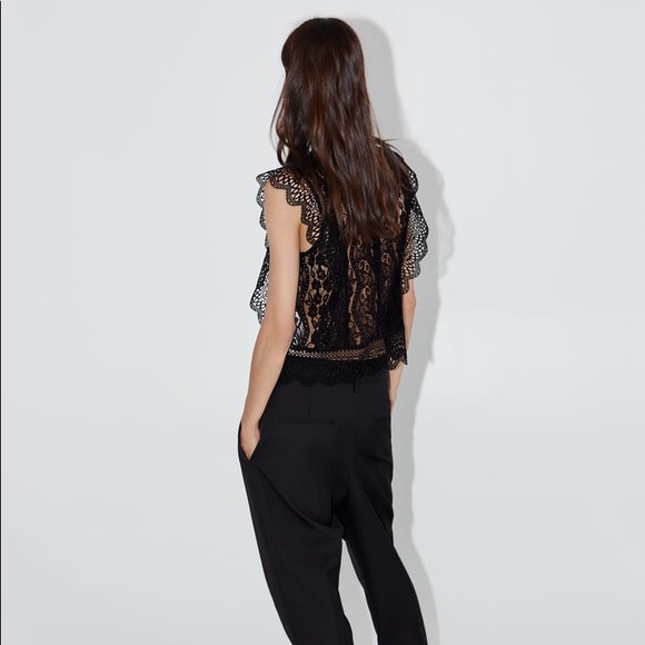 Zara black contrast lace ruffle semi sheer blouse - Picture 12 of 12